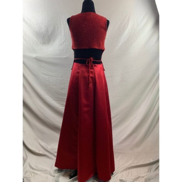 Burgundy  Evening Satin Skirt And Open Tie Back Glitter Top - Picture 2 of 5